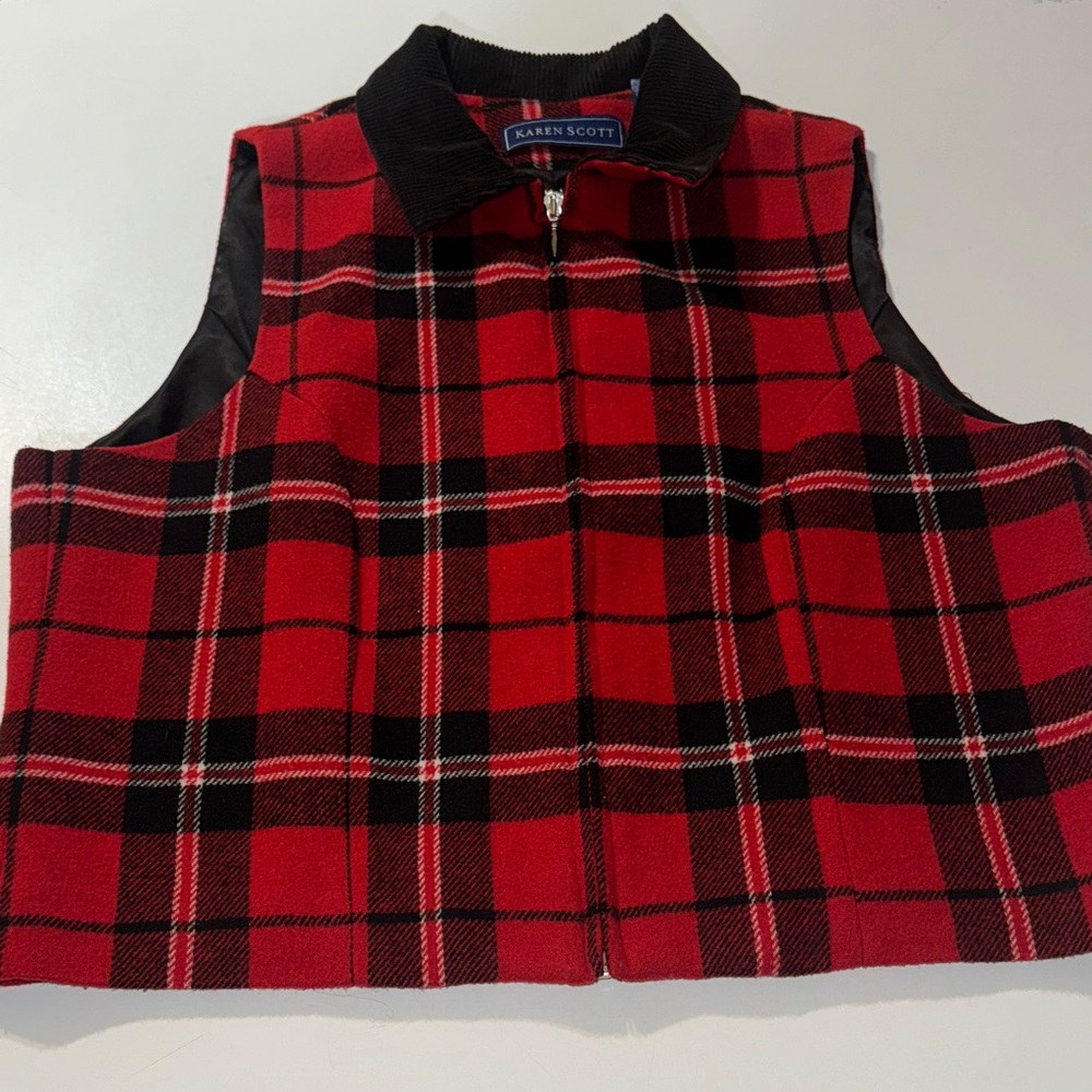 Karen Scott Red and Black Lumberjack Plaid Vest